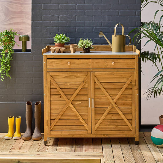 Contenitore, tavolo da vaso in legno di abete, 2 ante, 2 cassetti,