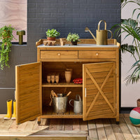 Contenitore, tavolo da vaso in legno di abete, 2 ante, 2 cassetti,