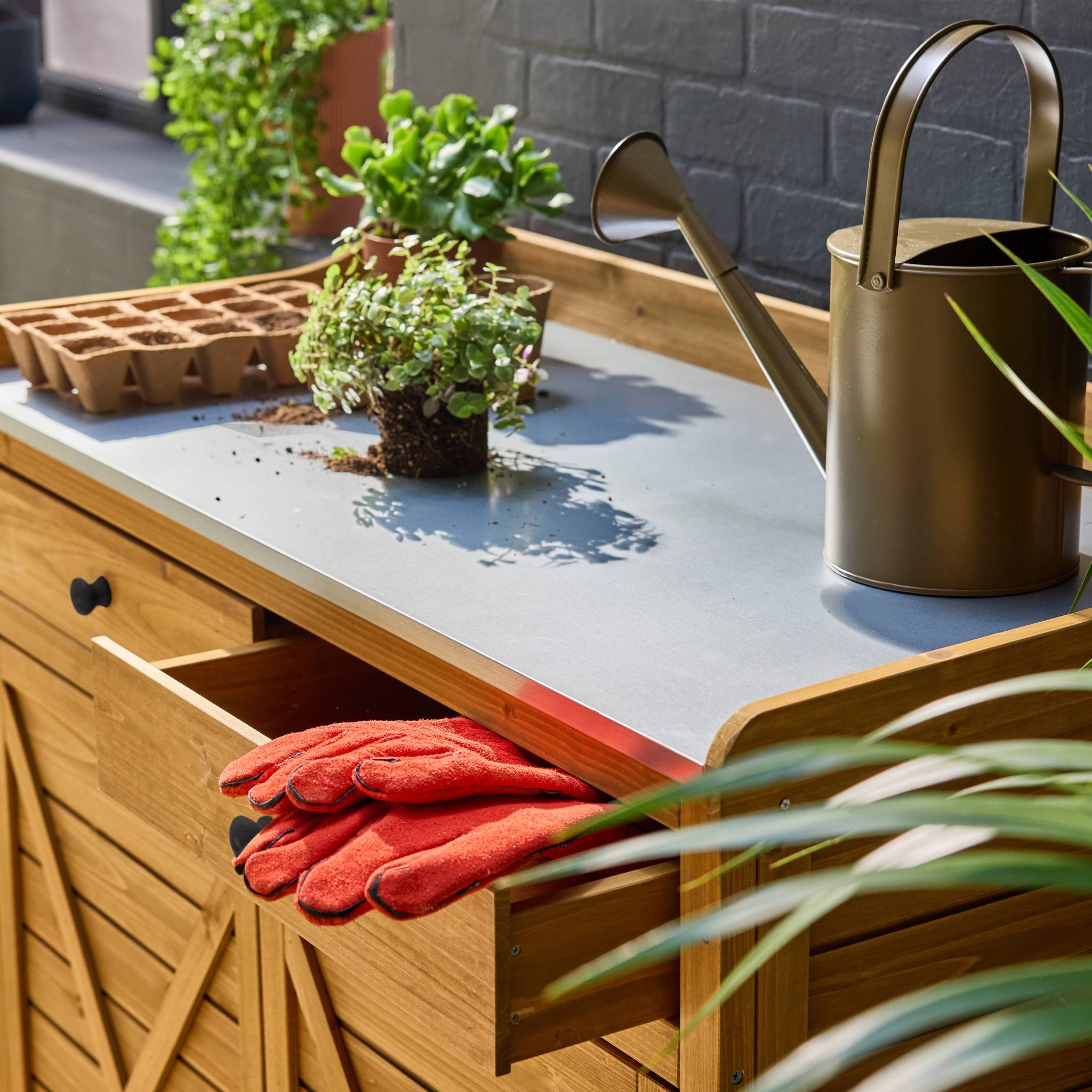 Contenitore, tavolo da vaso in legno di abete, 2 ante, 2 cassetti,