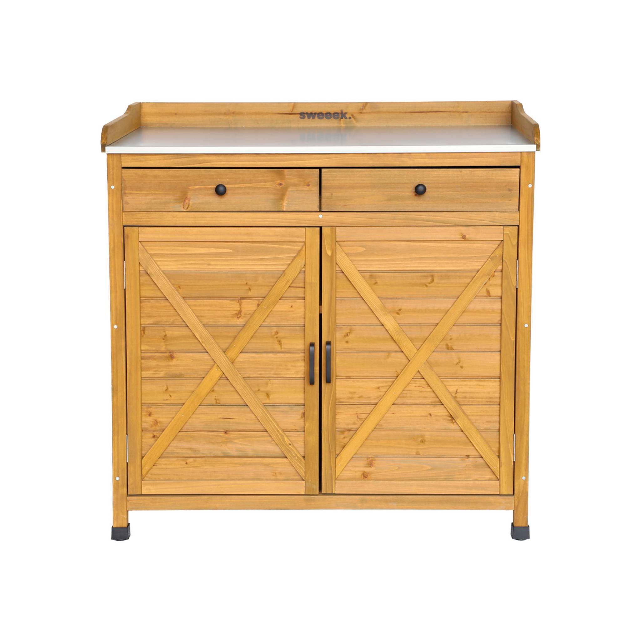 Contenitore, tavolo da vaso in legno di abete, 2 ante, 2 cassetti,