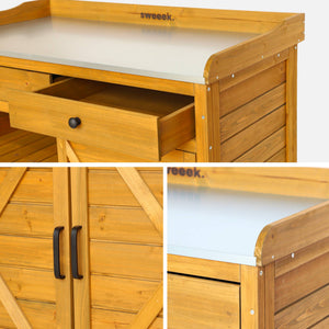 Contenitore, tavolo da vaso in legno di abete, 2 ante, 2 cassetti,