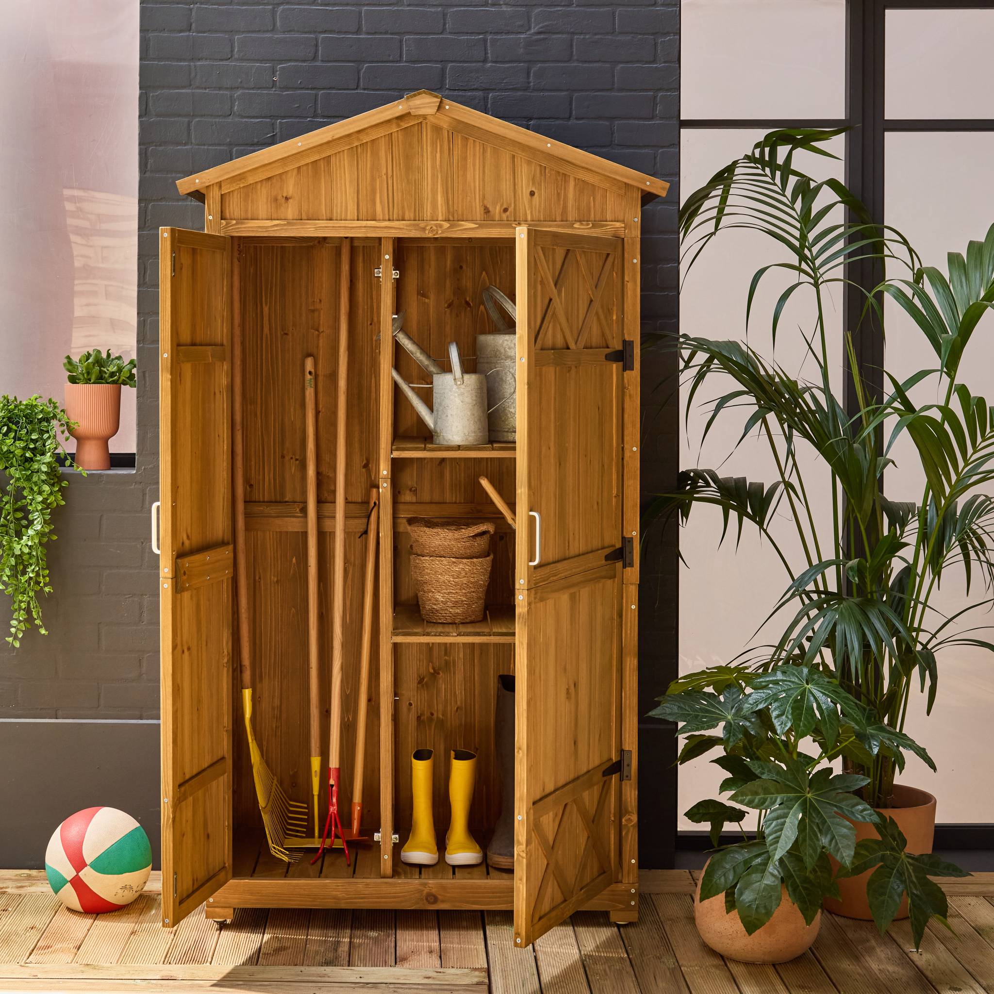 Casetta da giardino in legno d'abete e 6 vani portaoggetti, 105cm,