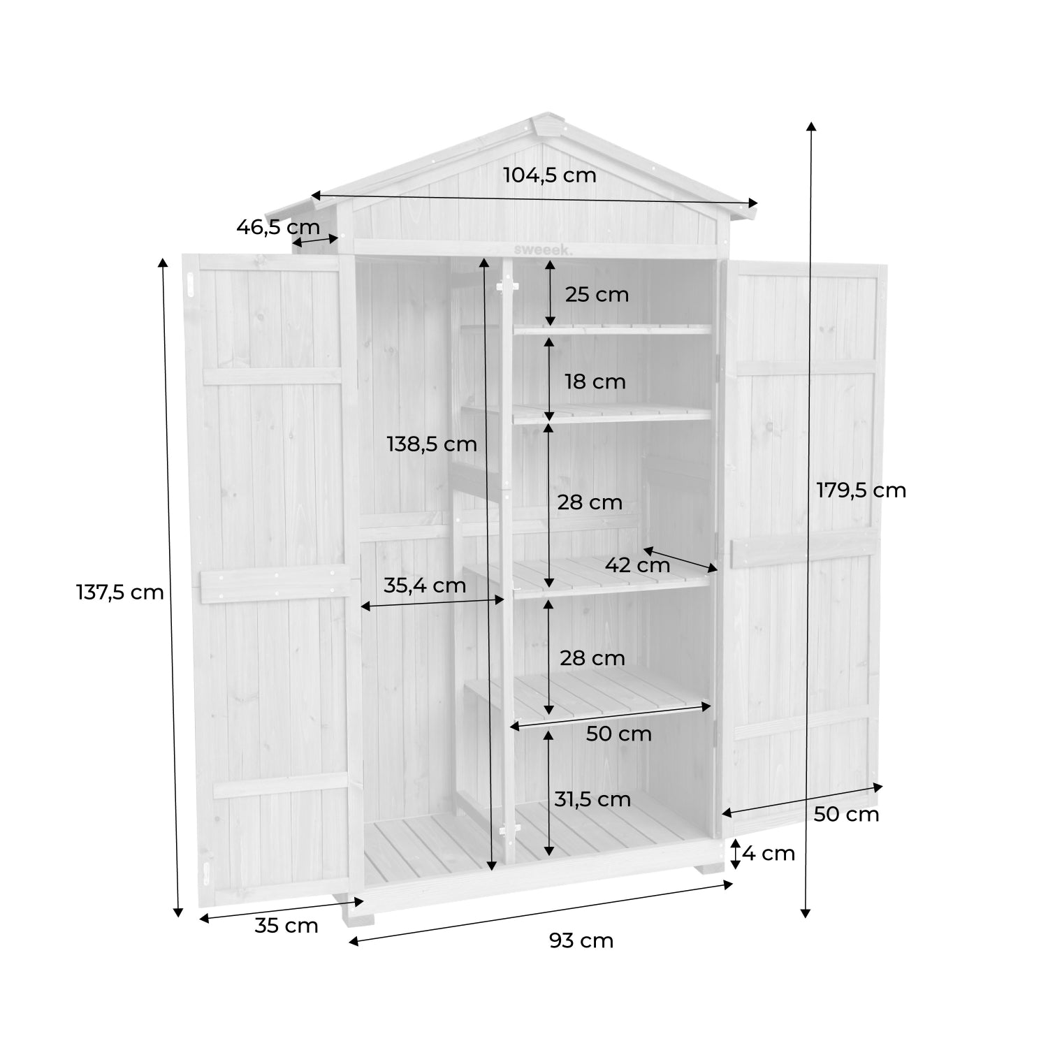 Casetta da giardino in legno d'abete e 6 vani portaoggetti, 105cm,