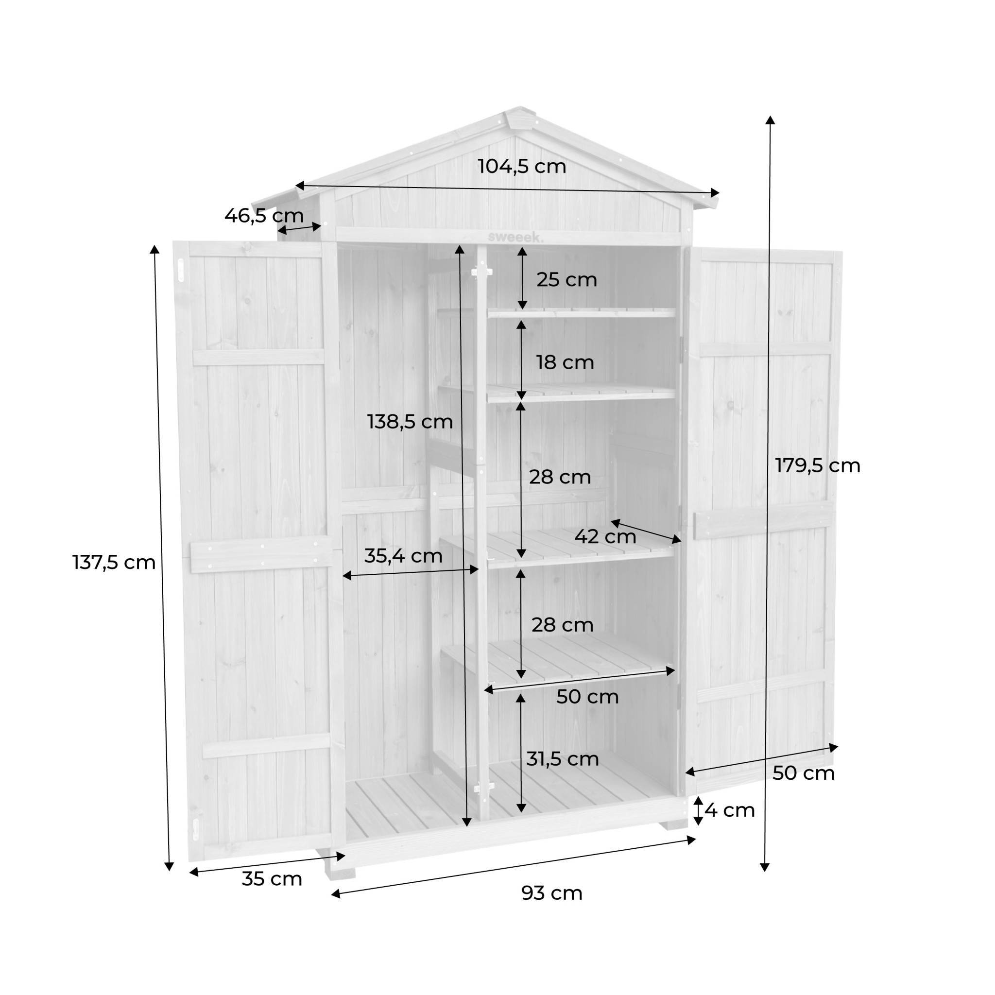 Casetta da giardino in legno d'abete e 6 vani portaoggetti, 105cm,