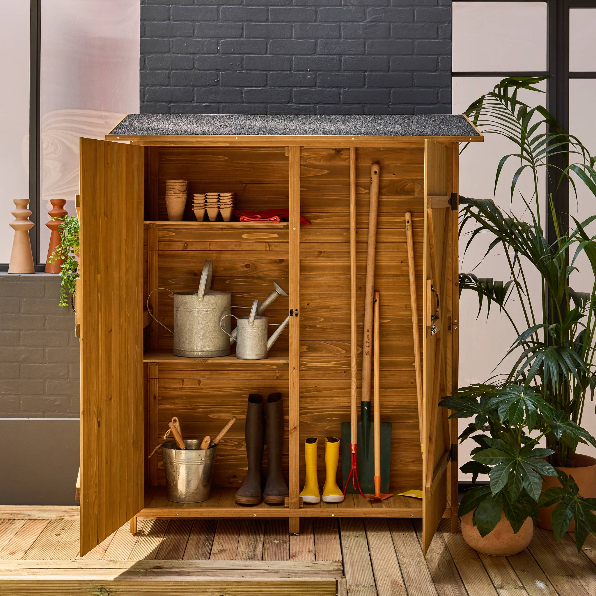 Casetta da giardino in legno d'abete e 4 vani portaoggetti, 140cm,