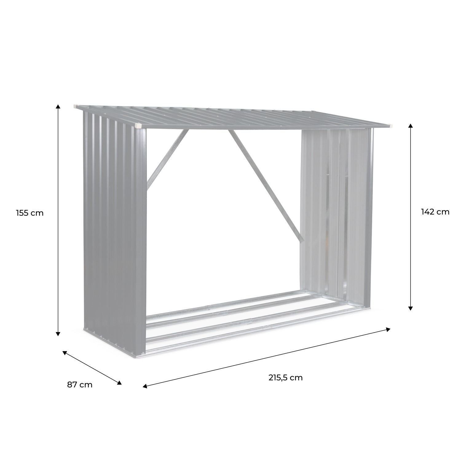 Capannone da giardino in acciaio zincato per legna, 80x215x155cm,