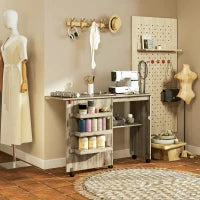 Tavolo da cucito pieghevole mobile da cucito a ribalta con contenitori, scaffale aperto e ruote effetto legno grigio