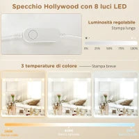 Toeletta Trucco con Specchio Stile Hollywood, 8 Luci LED, 7 Cassetti e Sgabello Imbottito, Bianco
