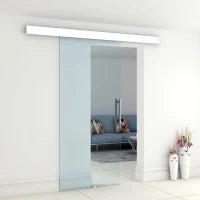 Porta Scorrevole in Vetro Trasparente con Binario e Maniglia in Alluminio per Bagno Cucina Studio 210x75x0.8cm