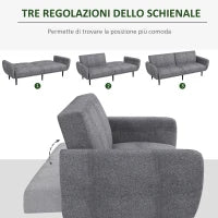 Divano Letto 3 Posti con Schienale Reclinabile a 3 Livelli in Tessuto, 208x84x82cm, Grigio
