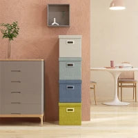 Set 4 Scatole per Armadi in Tessuto con Coperchio e Pieghevoli 30x30x29cm, Blu, Crema, Verde e Grigio Chiaro