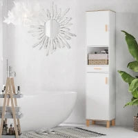 kleankin Mobile Bagno Salvaspazio in Legno, Mobile a Colonna con Armadietti e Cassetto, 39x30x180cm, Bianco