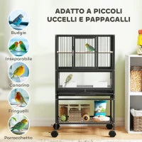 Gabbia per Uccelli con Ripiano Inferiore, Vassoio e Griglia Rimovibili, in Acciaio e PP, 48x46x83 cm, Nero