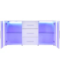 Credenza Moderna con LED Multicolore, 3 Cassetti e 2 Armadietti, Ampio Spazio, per Soggiorno e Cucina, 140x35x70 cm, Bianco