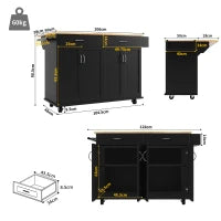 Isola cucina moderna con piano di lavoro pieghevole, spazio di conservazione multifunzionale e ruote, 106×50×90,5 cm, Nero