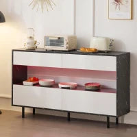 Credenza moderna effetto marmo nero con ripiani aperti, 4 cassetti e illuminazione LED, 150x35x89,5 cm, Bianco e Nero