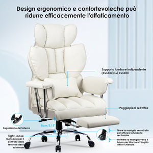 Sedia ufficio con rotelle - RATTANTREE - Poltrona presidenziale con Poggiapiedi Retrattile - Bianco