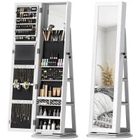 Specchio Portagioie 3 in 1 Girevole a 360°, Ripiani Posteriori e Anta con Chiave, 55x55x161 cm, Bianco