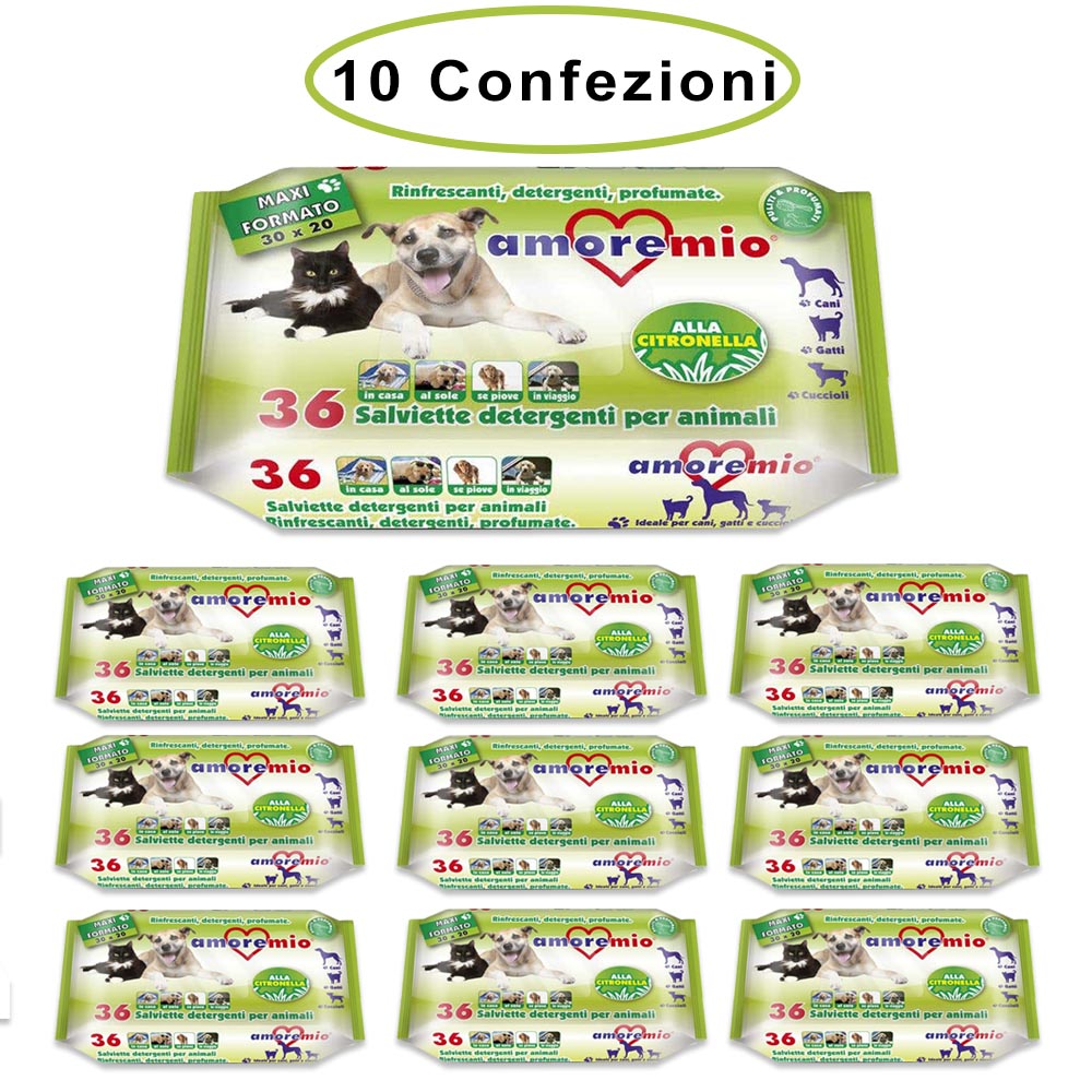 Amore mio salviette detergenti per cani gatti e cuccioli alla citronella 10 confezioni da 36 salviette