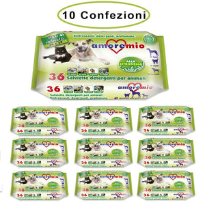 Amore mio salviette detergenti per cani gatti e cuccioli alla citronella 10 confezioni da 36 salviette