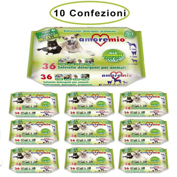 Amore mio salviette detergenti per cani gatti e cuccioli alla citronella 10 confezioni da 36 salviette
