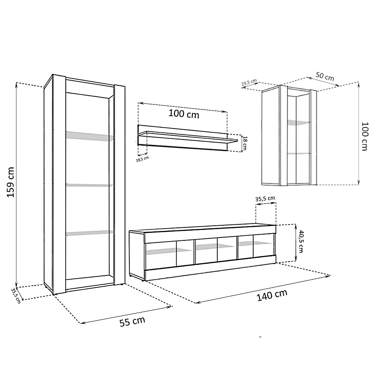 Set Di Mobili Porta TV Tivoli Medio, Komodee, Bianco/Bianco, Senza LED, Larghezza 245 cm x Altezza 159 cm x Profondità 35 cm, Per soggiorno, Camera da letto