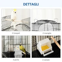 Gabbia per Uccelli con 3 Posatoi, 2 Ciotole e 2 Porte Laterali, in Acciaio, PP e Legno, 46x36x130 cm, Nera