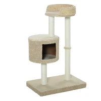 Albero Tiragraffi per Gatti Multi-livello, 2 Piattaforme, 1 Casetta e Corde in Juta, 61x41x96 cm, Beige