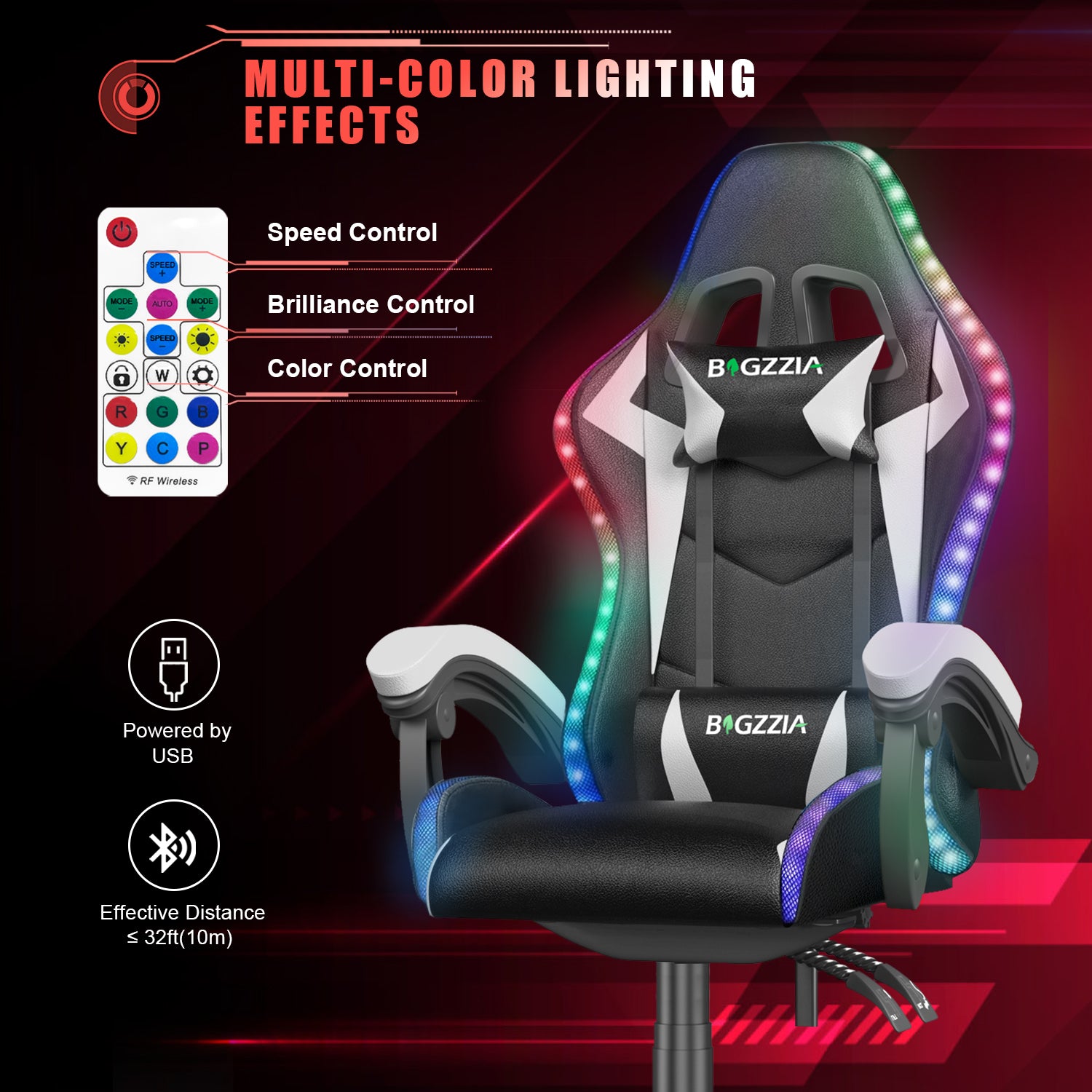 Sedia Gaming RGB LED - RATTANTREE - Sedia poltrona da gaming per ufficio videogiochi reclinabile - sedia gaming ergonomica in Pelle Pu - con Poggiatesta - Bianco