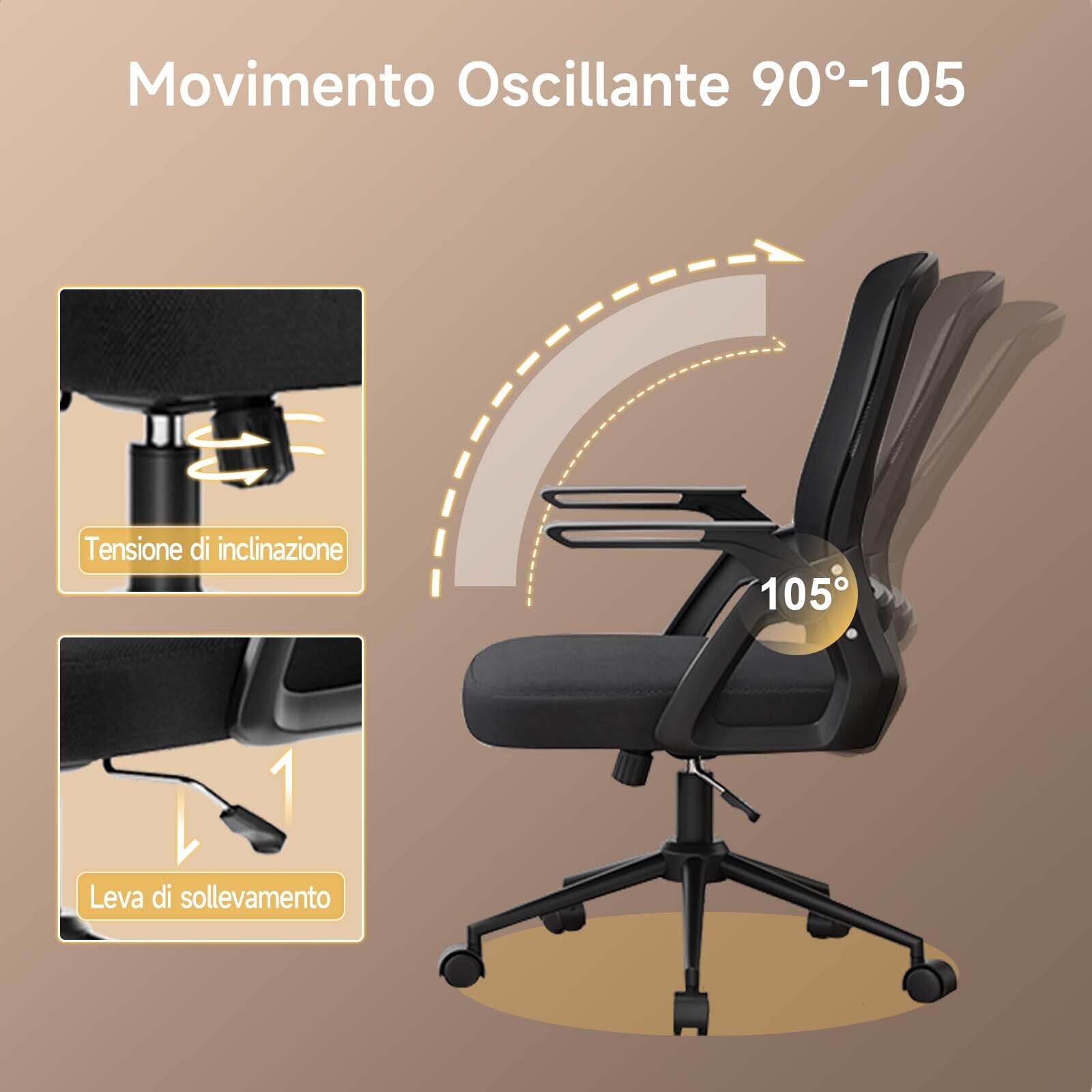Sedia Ufficio Ergonomica - RATTANTREE - Con Braccioli Pieghevoli, Rete Respirante, Funzione Oscillante 90-105° - Nero
