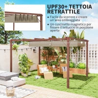 Gazebo Pergola con Tetto Retrattile, Picchetti e Viti, in Poliestere e Alluminio, 382x300x232 cm, color Legno