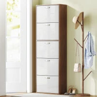 Scarpiera Slim a 5 Livelli con 2 Ripiani per Livello, in MDF, 60x28x189 cm, Bianco e Marrone