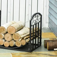 Portalegna da Interno ed Esterno in Metallo con Ripiano Curvo, Fino 60kg di Legna, Nero, 60.5x36x46.5cm