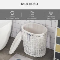 Cesto Portabiancheria in Vimini con Coperchio e Sacco Interno in Tessuto Lavabile, Bianco