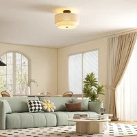 Lampada a Soffitto, Lampada a Sospensione con Doppi Paralumi in Lino, Bianco crema