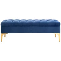 Panca Imbottita Fondoletto in Tessuto Vellutato e Base in Metallo Dorato, 118x45x42 cm, Blu