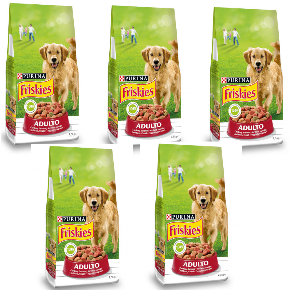 Multipack da 5 pz di purina friskies crocchette con manzo e aggiunta di verdure per cani adulti 7,5 kg cad