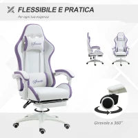Sedia da Gaming con Altezza Regolabile e Schienale Reclinabile, 65x65x121-129 cm, Bianco e Viola