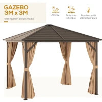 Gazebo da Giardino 3x3m in Alluminio con Zanzariera, Tende Laterali e Tetto Rigido, Marrone
