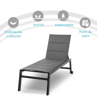 Sdraio da Giardino Reclinabile su 5 Livelli Rivestimento Imbottito, Alluminio e Texteline, 72x168x102cm Grigio