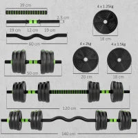 Set di Manubri Regolabili 20 kg 3 in 1 con Barre di Connessione e Impugnature Antiscivolo, Verde