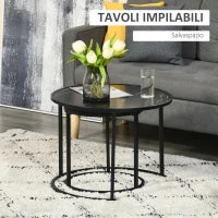 Set di 2 Tavolini da Salotto Rotondi Impilabili in Acciaio ed Effetto Marmo, Nero