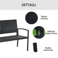 Panchina da Giardino ed Esterno in Rattan, Panca in Rattan Nero 2 Posti, 122x60x85cm