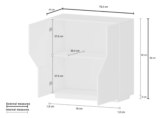 Credenza 80x43cm madia bianca 2 vani soggiorno camera cucina Adara