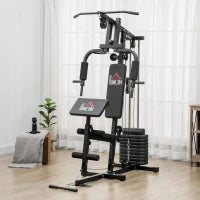 Stazione Fitness Multifunzione Power Tower con Pesi fino 45kg e Panca Imbottita, 135x103x210cm