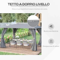 Gazebo da Giardino 4x3m con Doppio Tettuccio, Pareti in Poliestere e Struttura in Acciaio, Grigio
