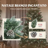 Albero di Natale Alto 210 cm da Interno con 928 Rami, Pigne e Bacche Rosse, Base in Metallo, Verde