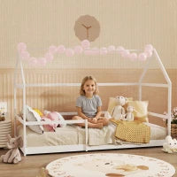 Letto per Bambini a Casetta con Barriere di Protezione, Età 3-8 Anni, 196x97.5x135cm, Bianco