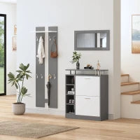 Mobile Appendiabiti da Ingresso a Parete con Specchio, 2 Pannelli a Muro, Mensola e Scarpiera, Grigio e Bianco