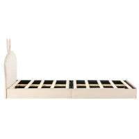 Letto imbottito con testiera a forma di coniglio, letto per bambini con doghe in legno, senza materasso, 90×200 cm, Beige